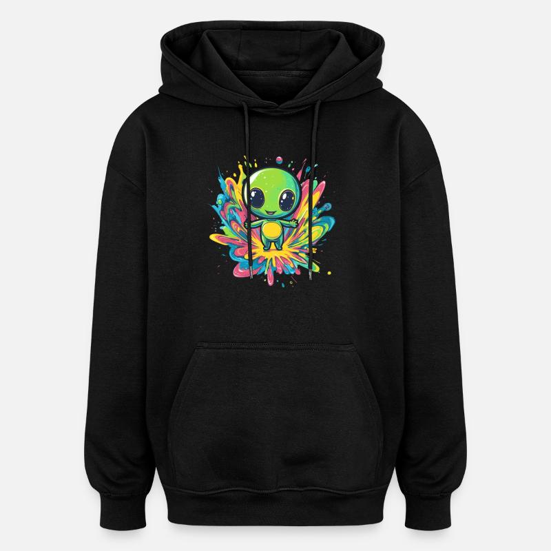 Bunter Alien auf Farbspritzer - Oversized Unisex Hoodie - Schwarz