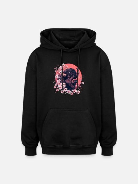 Bison with cherry blossoms - Oversized Unisex Hoodie - black