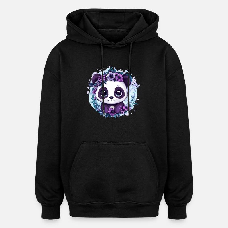 Panda with flower wreath - Oversized Unisex Hoodie - black