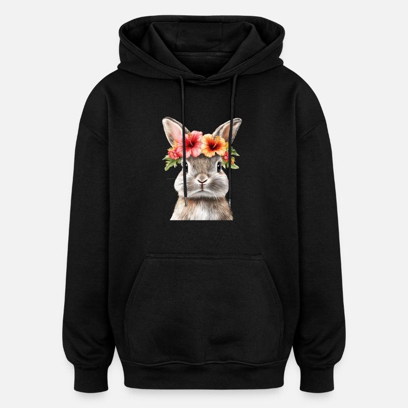 Rabbit with flower wreath - Oversized Unisex Hoodie - black