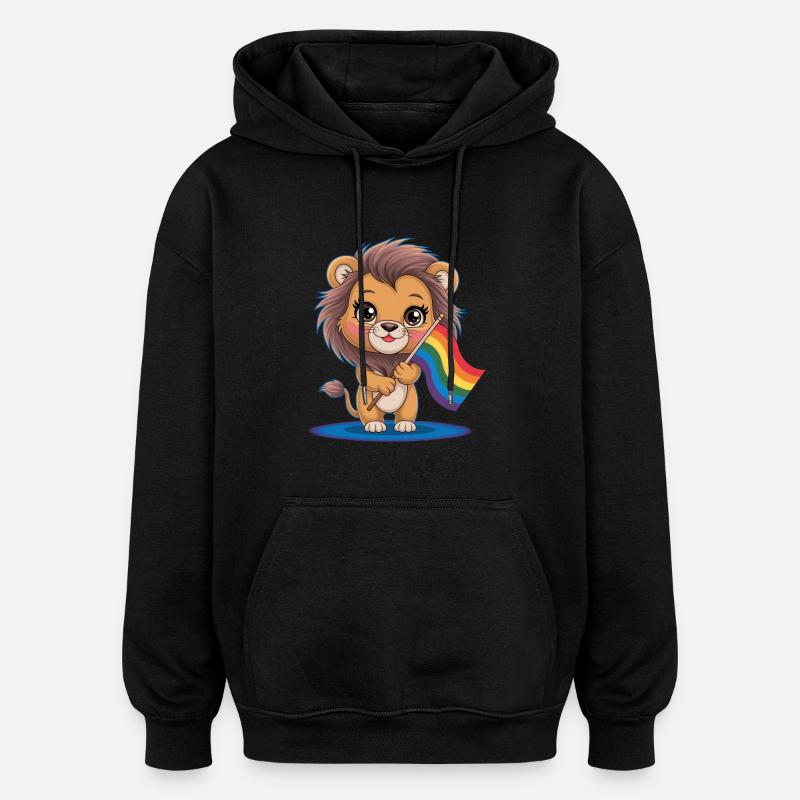 Lion mignon avec bannière arc-en-ciel - Sweat à capuche oversize unisexe - noir