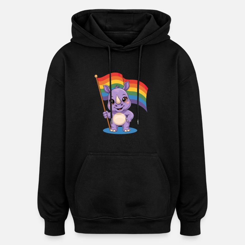 Rhinocéros mignon avec drapeau arc-en-ciel - Sweat à capuche oversize unisexe - noir