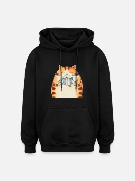 Cheerful cat with fish hug - Oversized Unisex Hoodie - black