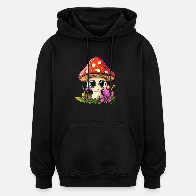Champignon avec des fleurs - Sweat à capuche oversize unisexe - noir