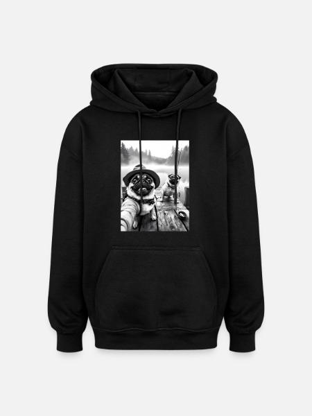 Angeln Mops Hund Selfie - Oversized Unisex Hoodie - Schwarz