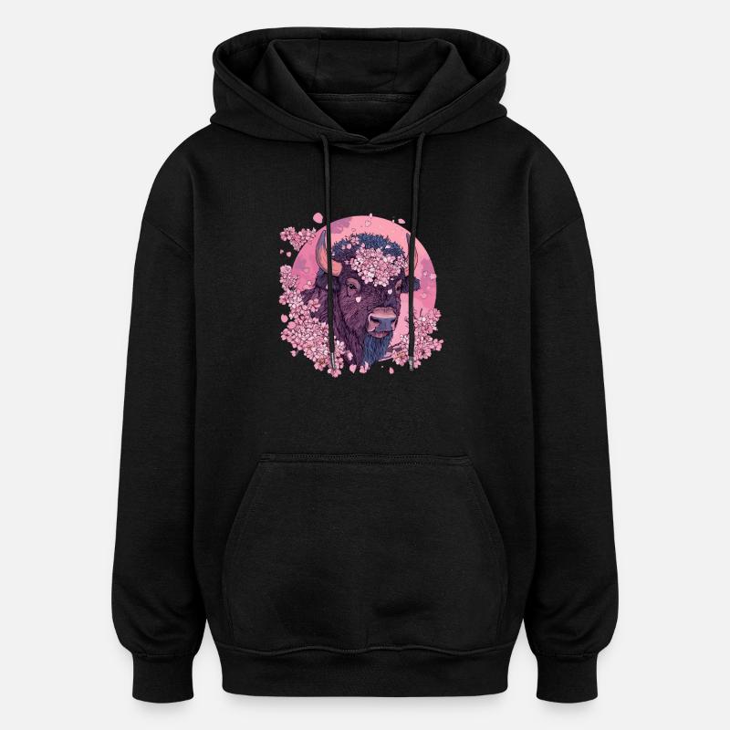 Bison mit Kirschblütenkranz - Oversized Unisex Hoodie - Schwarz