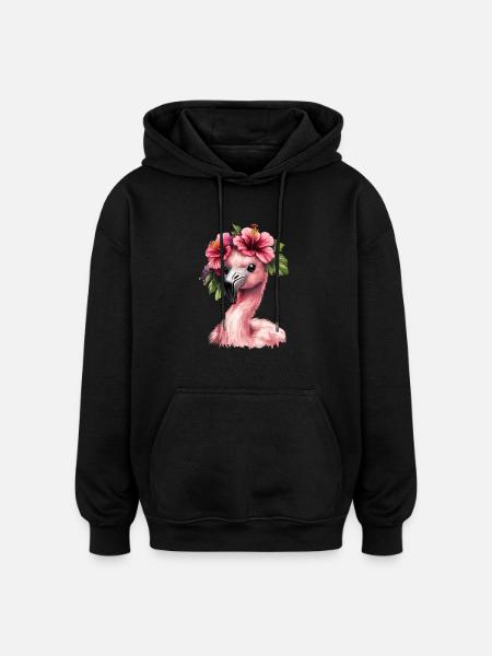 Flamingo mit Hibiskus - Oversized Unisex Hoodie - Schwarz