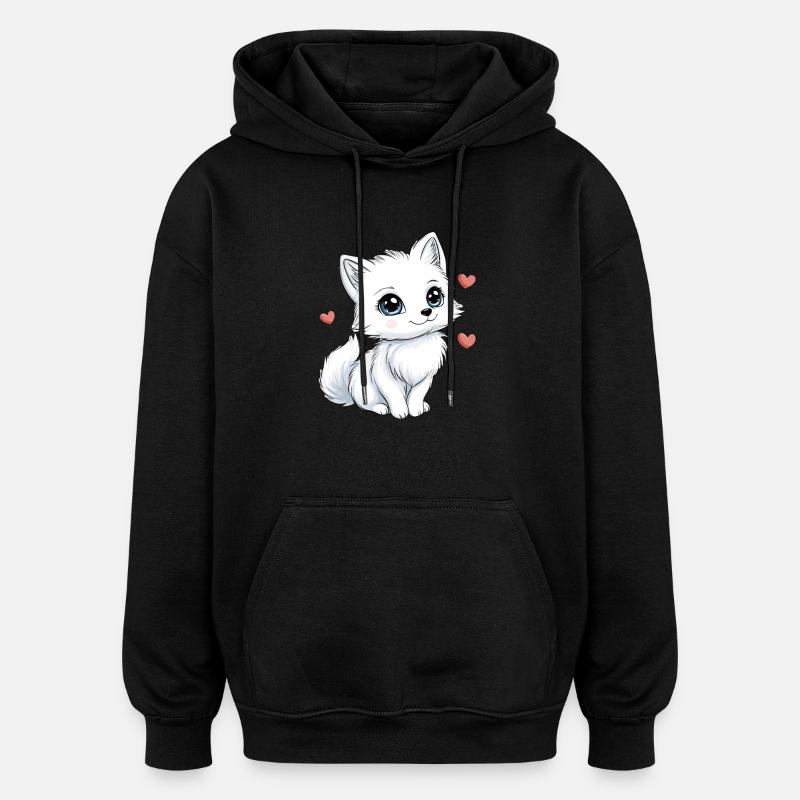 White Fox with Hearts - Oversized Unisex Hoodie - black