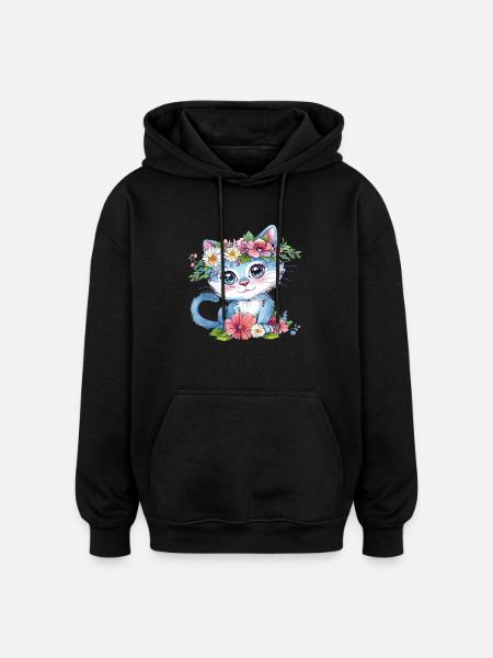 Blumenkatze im Kranz - Oversized Unisex Hoodie - Schwarz