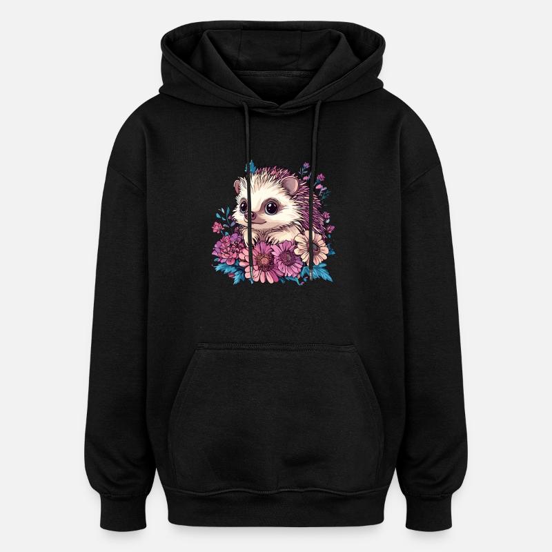 Hérisson mignon en fleurs - Sweat à capuche oversize unisexe - noir