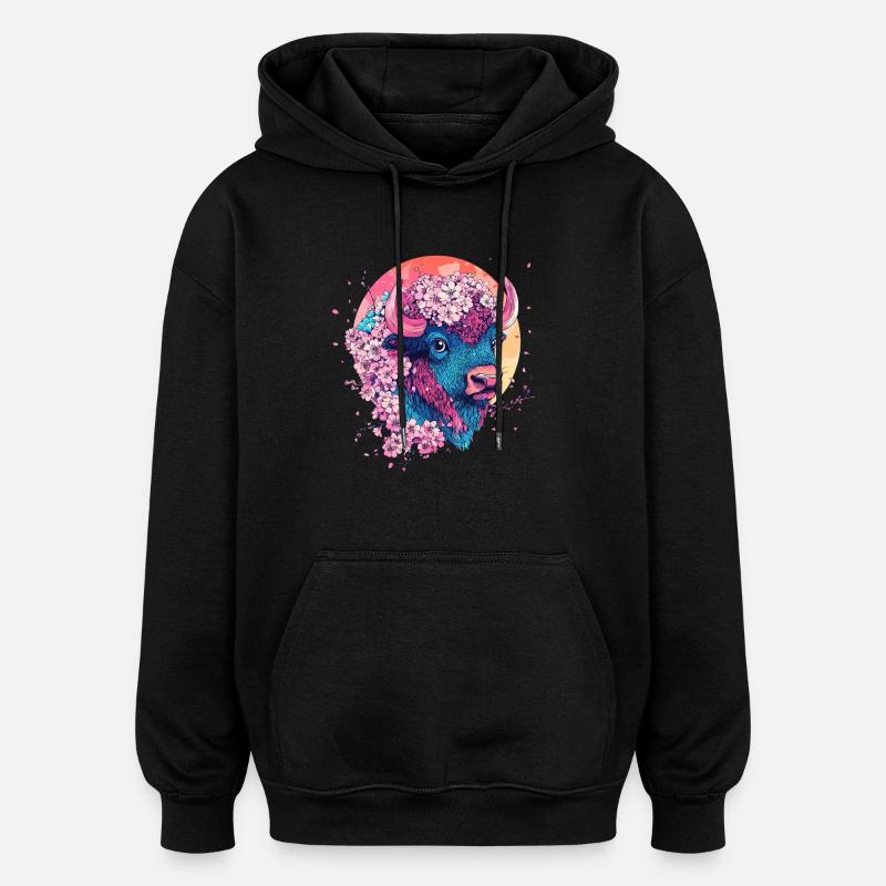 Bison aux fleurs - Sweat à capuche oversize unisexe - noir