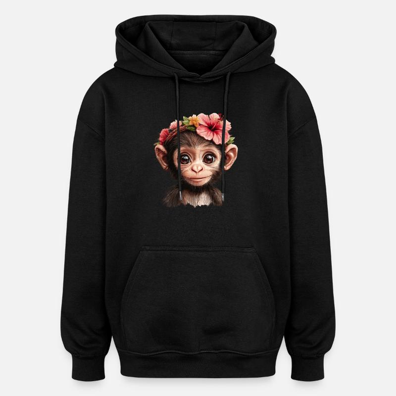 Cute Monkey with Flowers - Oversized Unisex Hoodie - black