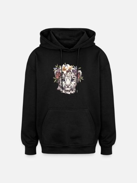 Schneeleopard Baby mit Blumen - Oversized Unisex Hoodie - Schwarz