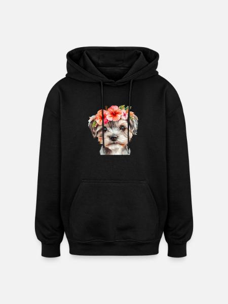 Süßer Hund mit Blumen - Oversized Unisex Hoodie - Schwarz