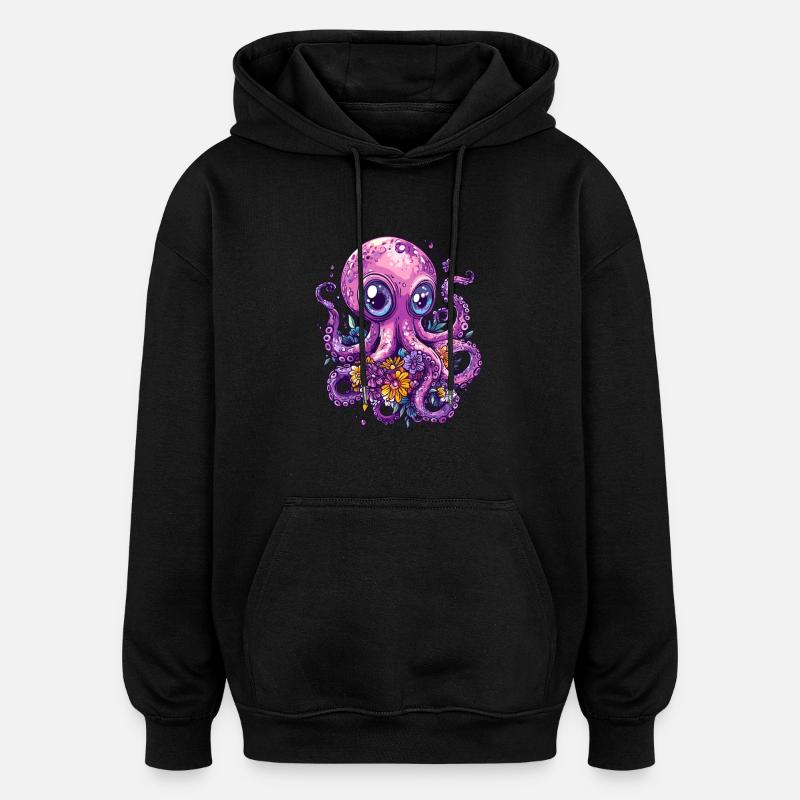 Pieuvre avec des fleurs - Sweat à capuche oversize unisexe - noir