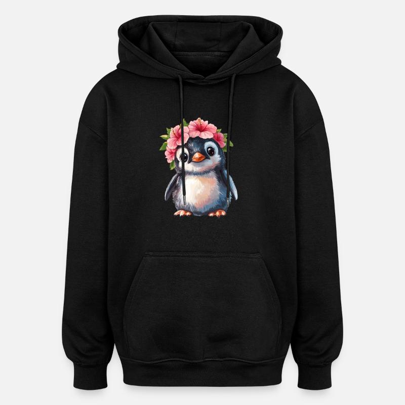 Pinguin mit Blütenkranz - Oversized Unisex Hoodie - Schwarz