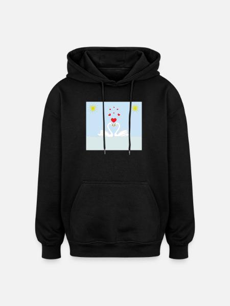 Two white love swans in the water and red hearts - Oversized Unisex Hoodie - black