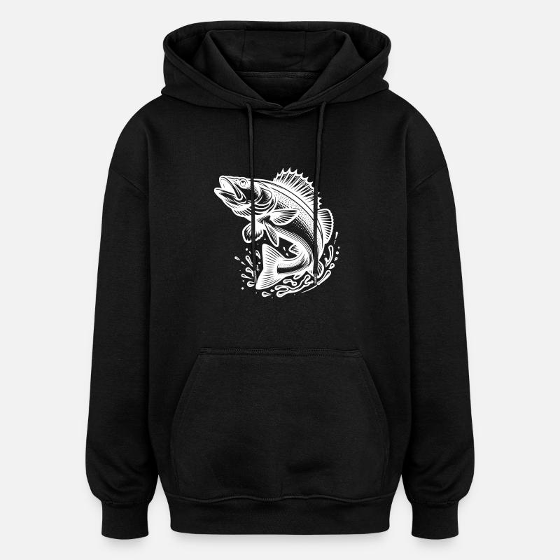 Large Jumping Zander Fish - Oversized Unisex Hoodie - black