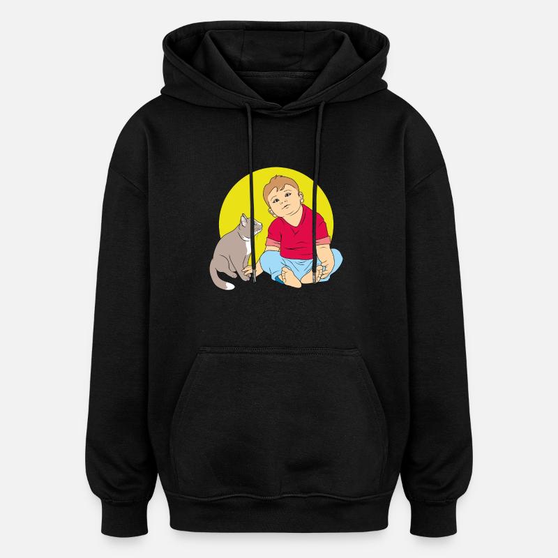 Garçon parlant au chat - Sweat à capuche oversize unisexe - noir