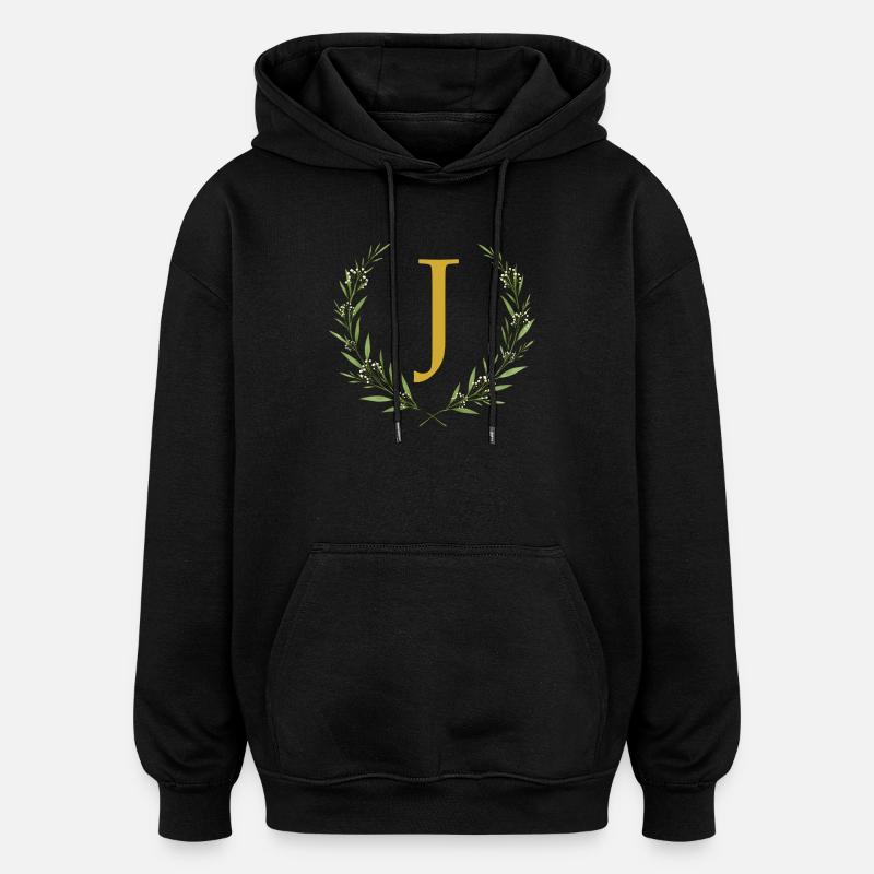J Monogramm, Eukalyptus Kranz, personalisierbar - Oversized Unisex Hoodie - Schwarz