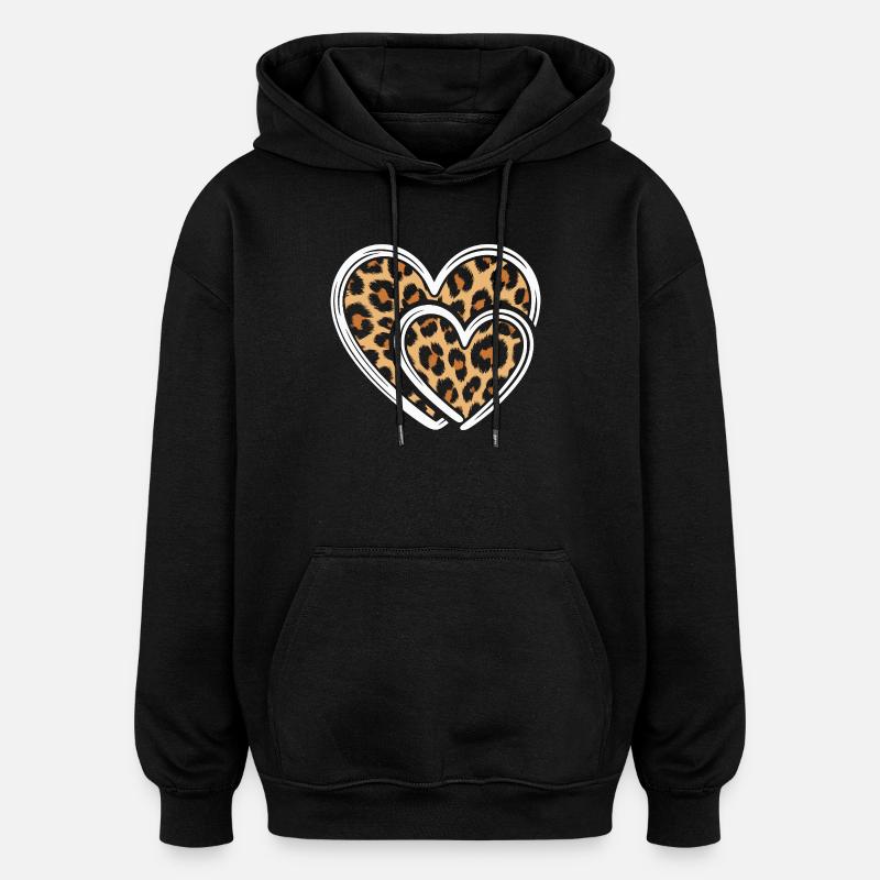 Coeur avec imprimé léopard - Sweat à capuche oversize unisexe - noir