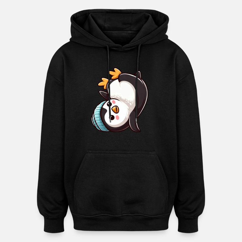 Penguin Headstand Chibi Cartoon Breakdance - Oversized Unisex Hoodie - black