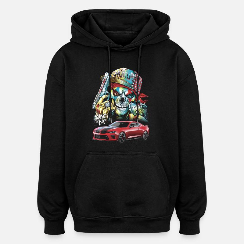 Schädel, Mutig, Rotes Auto - Oversized Unisex Hoodie - Schwarz