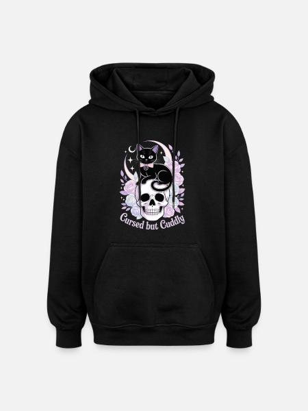 Cursed and Cuddly: Cat Skull - Oversized Unisex Hoodie - black