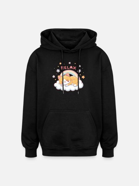 Relaxed Kitten Rainbow on Cloud - Oversized Unisex Hoodie - black