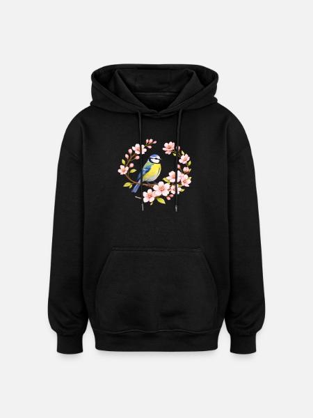 Blue with Cherry Blossoms Spring Motif - Oversized Unisex Hoodie - black