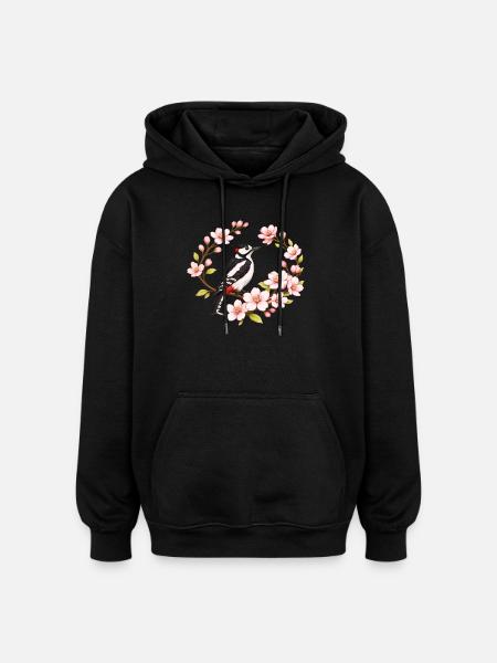 Stor Plettet Spætte med kirsebærblomster Forårsmotiv - Oversize unisex hoodie - sort
