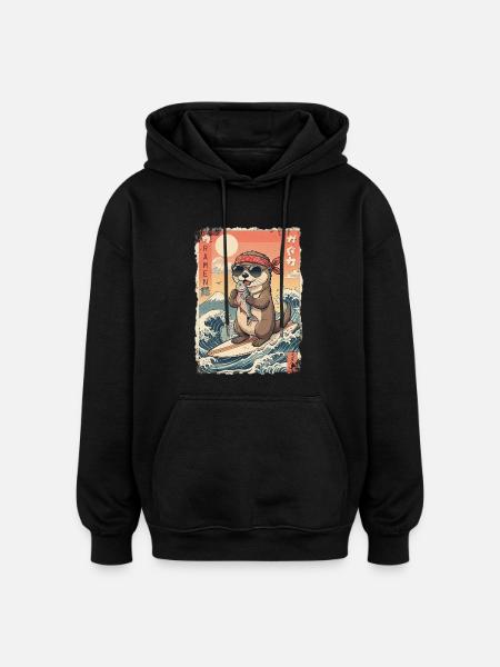 Kawaii Surf Otter - Oversized Unisex Hoodie - black