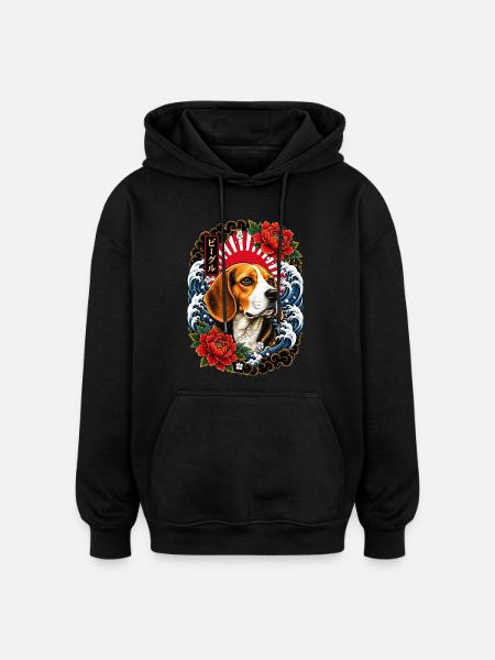 Beagle in Japanese Irezumi Tattoo Style - Oversized Unisex Hoodie - black