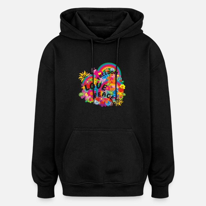 FLOWER POWER RAINBOW - Sweat à capuche oversize unisexe - noir