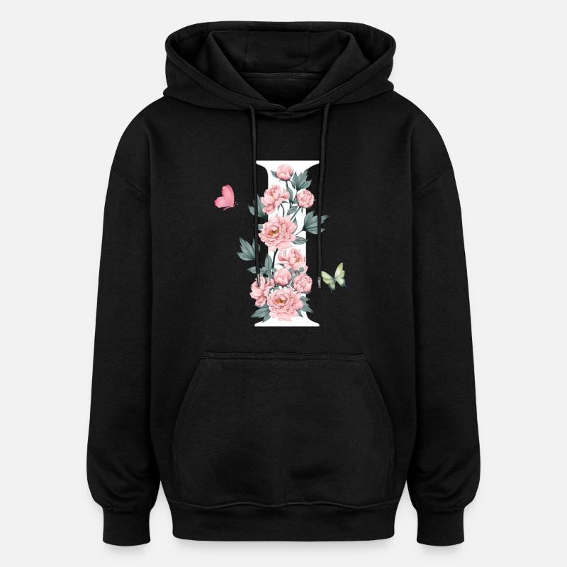 Lettre i fleurs rose - Sweat à capuche oversize unisexe - noir