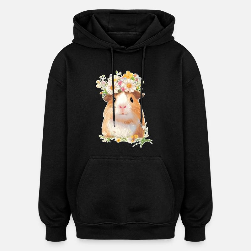 Cochon d’Inde avec des fleurs - Sweat à capuche oversize unisexe - noir