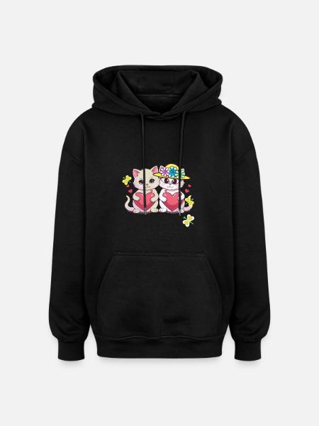 Valentine's Day Cat Kitten Hearts - Oversized Unisex Hoodie - black