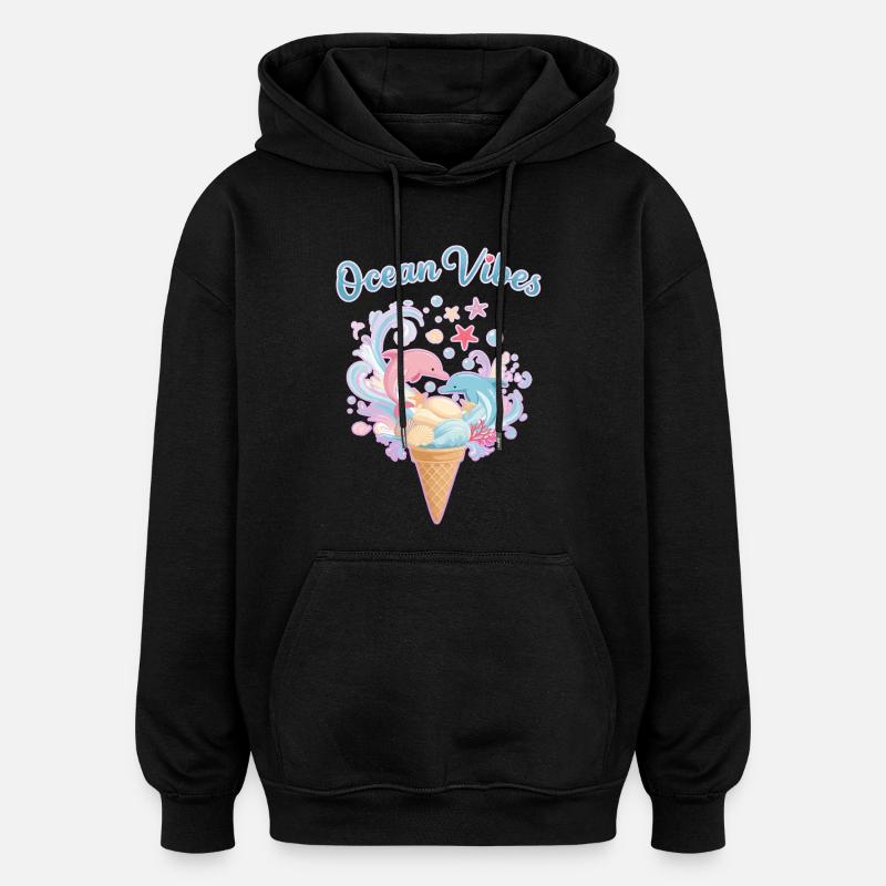Motif Glace et Dauphins 🍦🐬🐬 - Sweat à capuche oversize unisexe - noir