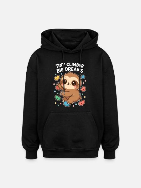 Kawaii Sloth Climbing - Tiny Climber Shirt - Oversized Unisex Hoodie - black