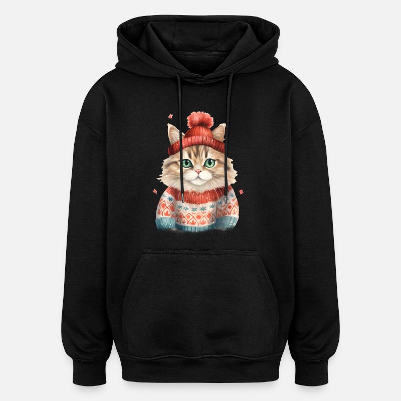 Winterkatze im Strickpullover - Oversized Unisex Hoodie - Schwarz