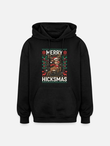 Christmas Reindeer Illustration - Red Nose, Moose - Oversized Unisex Hoodie - black