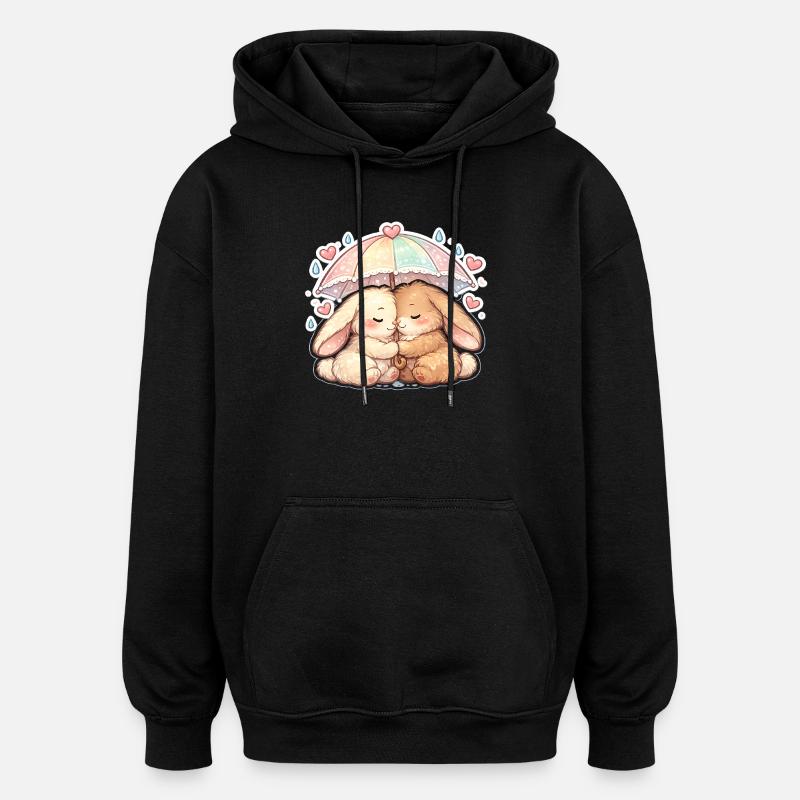 Cuddly rain rabbits under umbrella - Oversized Unisex Hoodie - black