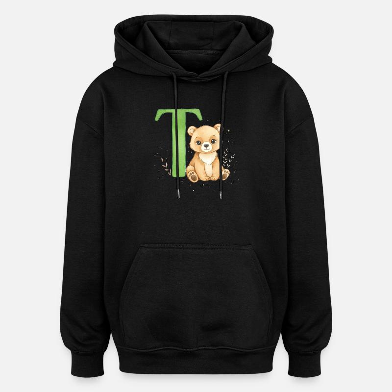 Teddy mit grünem Buchstaben T - Oversized Unisex Hoodie - Schwarz