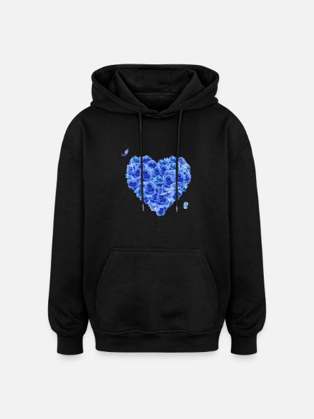 Blue floral heart - Oversized Unisex Hoodie - black
