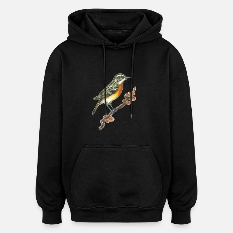 Whinchat / oiseau / champignons - Sweat à capuche oversize unisexe - noir