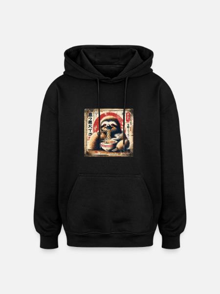 Ramen Sloth Grunge Poster Style - Oversized Unisex Hoodie - black