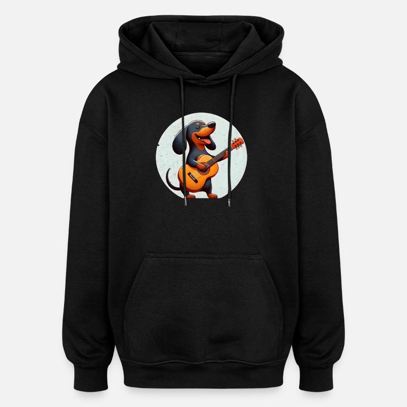 Chien joyeux avec teckel guitare - Sweat à capuche oversize unisexe - noir