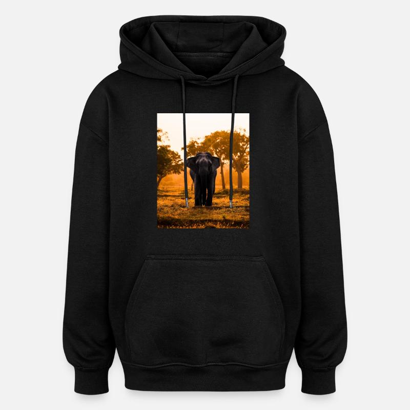 éléphant-arbre-coucher de soleil-lever de soleil - Sweat à capuche oversize unisexe - noir