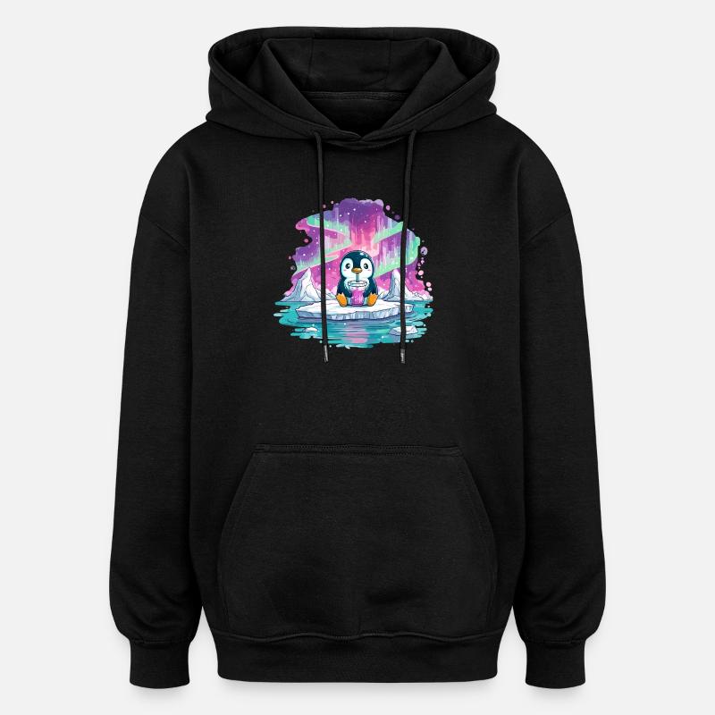 Pingouin sur glace avec boisson rose - Sweat à capuche oversize unisexe - noir