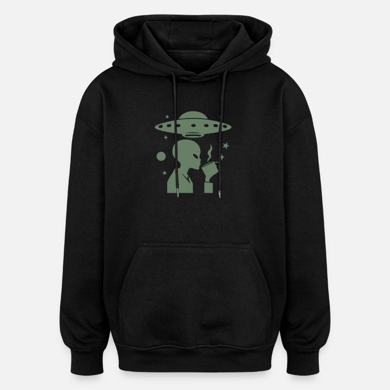 Alien-Silhouette mit Kaffee & UFO - Oversized Unisex Hoodie - Schwarz